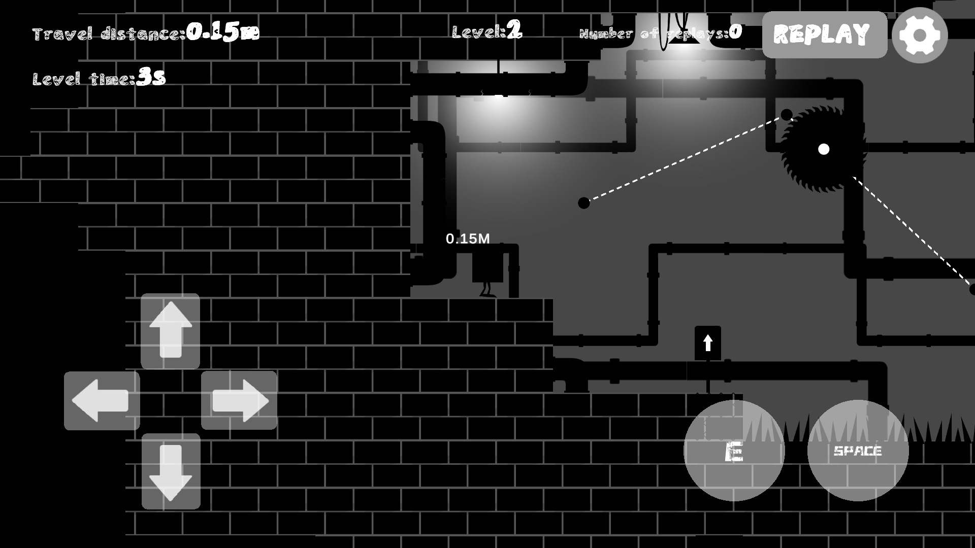 Blackie Run screenshot showing a gravity arrow and room obstacles.